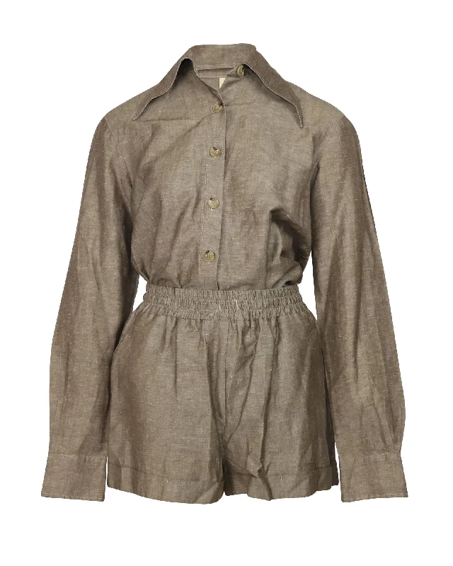 Embroidered Women Shorts with Intricate DesignsPrevu Long Sleeves and Shorts Set in Brown Linen Embroidered Women Shorts with Intricate DesignsPrevu Long Sleeves and Shorts Set in Brown Linen